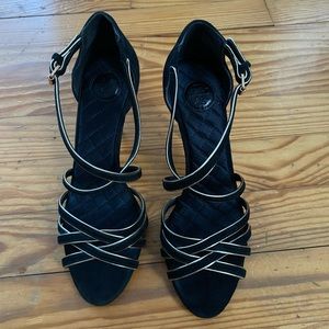 Tory Burch black suede dressy sandals with gold edging